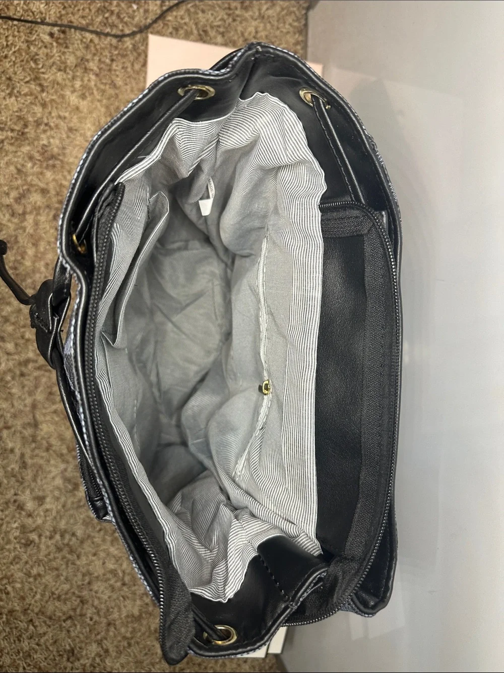 Men's Black Geometric Backpack with Bee Accent and Multicolor Stripe -